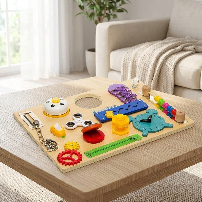 Placa senzoriala NextWave®, tabla de activitati Montessori din lemn cu 14 activitati educationale pentru in — beneficii cheie