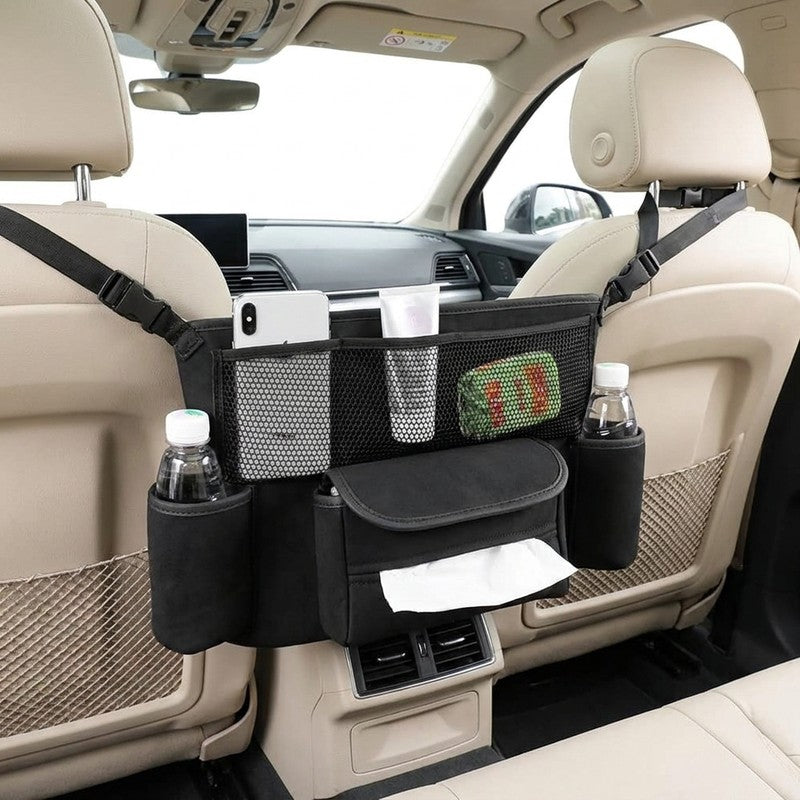 Organizator intre scaune auto NextWave®️, suport pretios cu 5 compartimente, material suede & piele ecologi — beneficii cheie