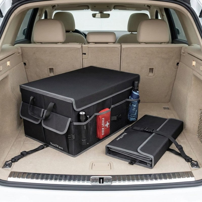 Organizator portbagaj auto NextWave®️ cu chingi de ancorare si capac, Multifunctional, Pliabil, 9 compartim — beneficii cheie