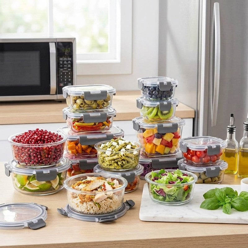 Set 12 Caserole Alimentare din sticla NextWave®️ Capace Etanse, Depozitare Frigider si Congelator, Potrivit — beneficii cheie