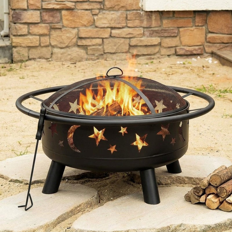 Vatră de foc pentru exterior NextWave®️, semineu design decorativ cu stele și lună, capac din plasă anti-sc — beneficii cheie
