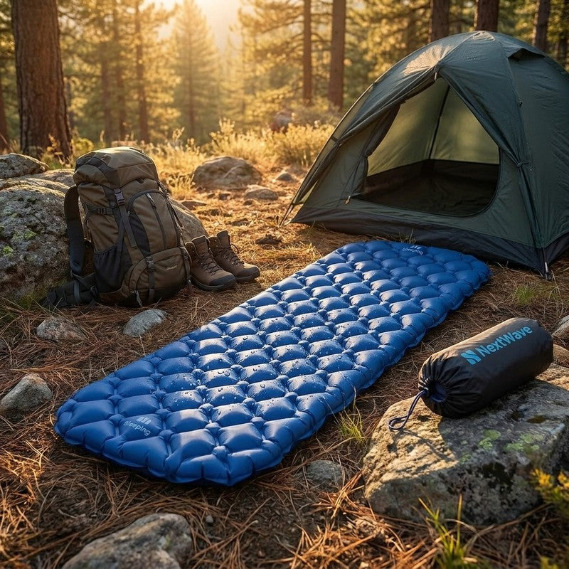 Saltea gonflabilă de camping NextWave®️, ultraușoară și compactă, impermeabilă, umflare rapidă, suport conf — beneficii cheie