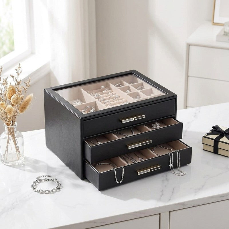 Cutie de bijuterii, organizator cu capac transparent, spatiu de depozitare 3 sertare pentru coliere, inele, — beneficii cheie