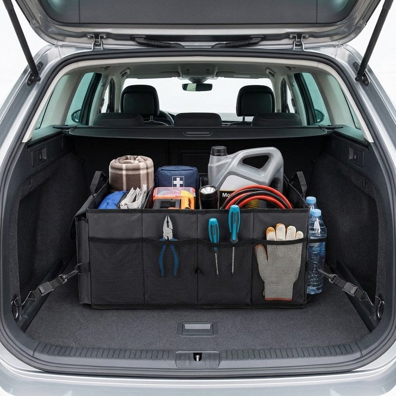 Organizator portbagaj auto NextWave®️ cu chingi de ancorare, Multifunctional, Pliabil, 9 compartimente, Cap — beneficii cheie
