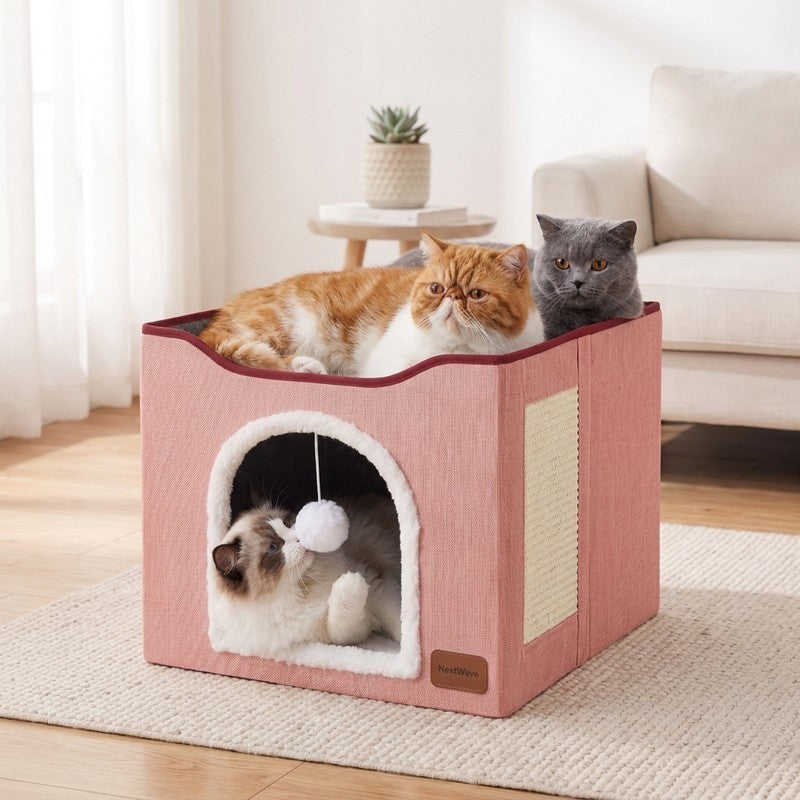 Casa pentru pisici NextWave® cu doua zone, bila pufoasa si zona de zgariat, Pliabila, Moale si pufoasa, Res — beneficii cheie