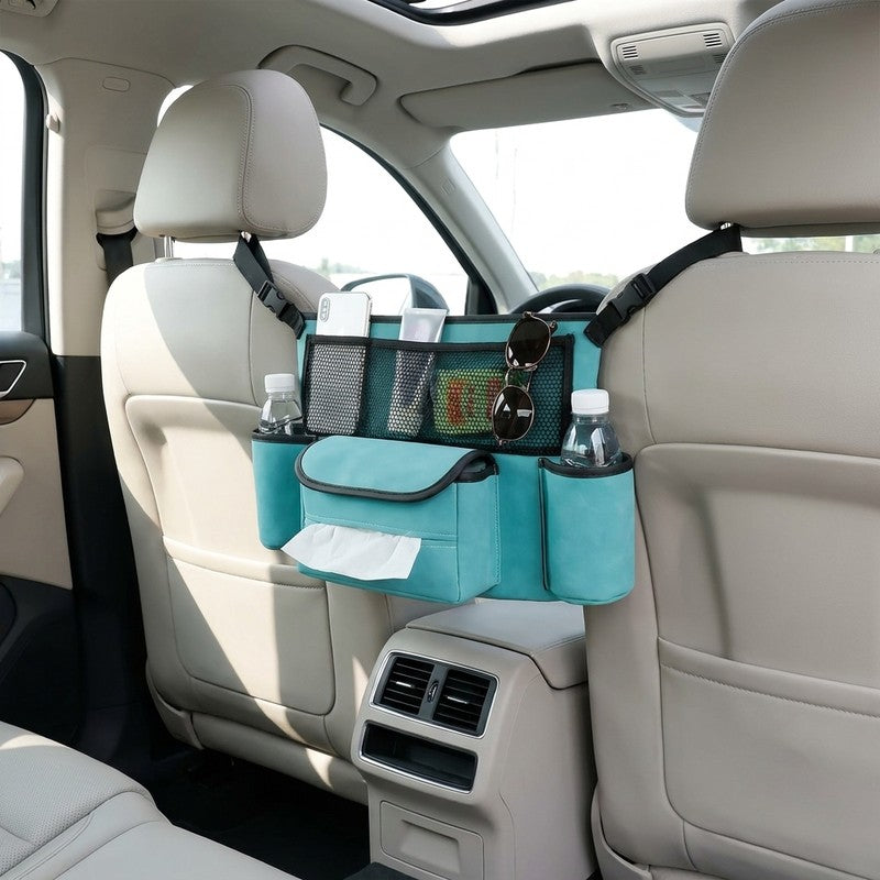 Organizator intre scaune auto NextWave®️, suport pretios cu 5 compartimente, material suede & piele ecologi — beneficii cheie