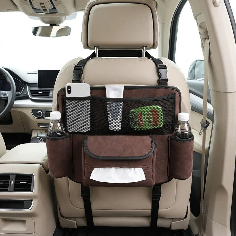 Organizator intre scaune auto NextWave®️, suport pretios cu 5 compartimente, material suede & piele ecologi — beneficii cheie
