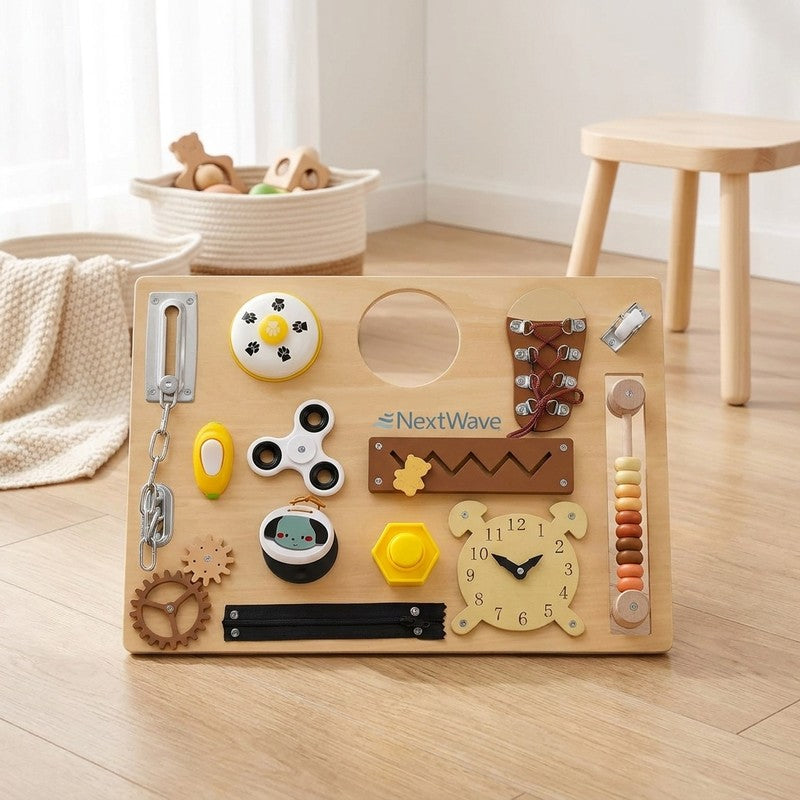 Placa senzoriala NextWave®, tabla de activitati Montessori din lemn cu 14 activitati educationale pentru in — beneficii cheie