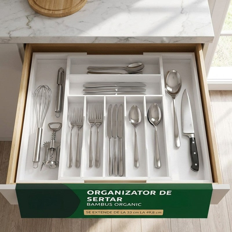 Organizator extensibil pentru tacamuri si ustensile NextWave® – bambus natural lacuit, finisaj negru elegan — beneficii cheie