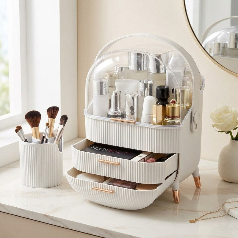 Organizator pentru cosmetice si bijuterii NextWave®, spatiu depozitare cu 2 sertare, vitrina si cutie pensu — beneficii cheie