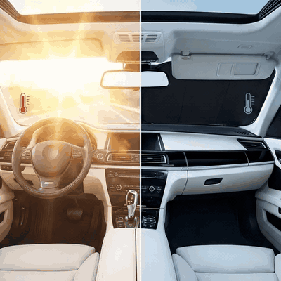 Parasolar auto NextWave® pentru parbriz, material reflectorizant 280T, protectie UV pana la 99%, design — problemă și soluție