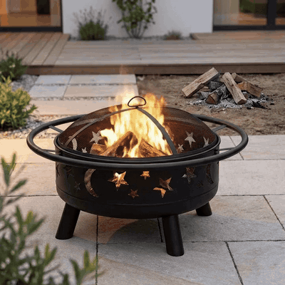 Vatră de foc pentru exterior NextWave®️, semineu design decorativ cu stele și lună, capac din plasă ant — problemă și soluție