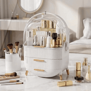 Organizator pentru cosmetice si bijuterii NextWave®, spatiu depozitare cu 2 sertare, vitrina si cutie p — problemă și soluție