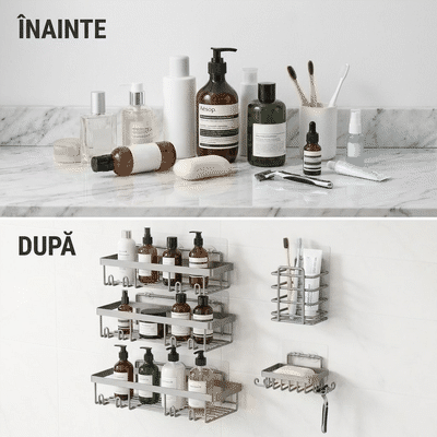 Raft de baie NextWave®, set 5 piese cu 3 etajere pentru dus, 1 suport pentru sapun si 1 suport pentru p — problemă și soluție