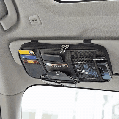 Organizator parasolar auto NextWave® din piele ecologica PU, 7 compartimente, buzunar cu fermoar, buzun — problemă și soluție
