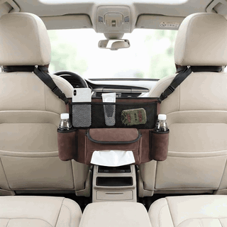 Organizator intre scaune auto NextWave®️, suport pretios cu 5 compartimente, material suede & piele eco — problemă și soluție