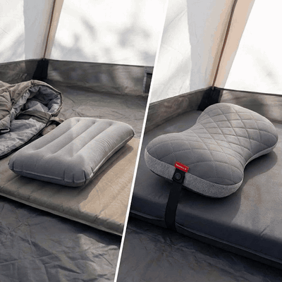 Pernă gonflabilă de camping NextWave®️, suport cervical ergonomic, supapă One-Click de umflare rapidă, — problemă și soluție