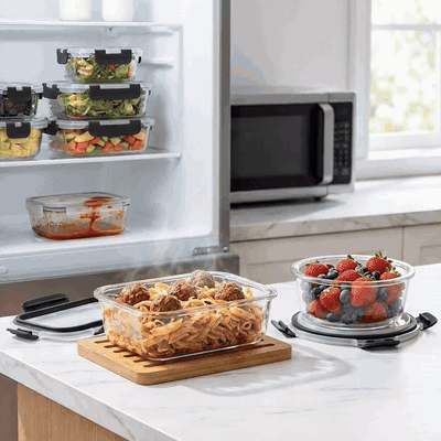 Set 15 Caserole Alimentare din sticla NextWave®️ Capace Etanse, Depozitare Frigider si Congelator, Potr — problemă și soluție