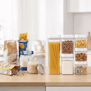 Set 7 cutii pentru depozitare alimente NextWave® – plastic alimentar transparent, fara BPA, inchidere e — problemă și soluție