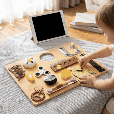 Placa educativa din lemn NextWave® tip Montessori – jucarie senzoriala cu 14 activitati interactive pen — problemă și soluție