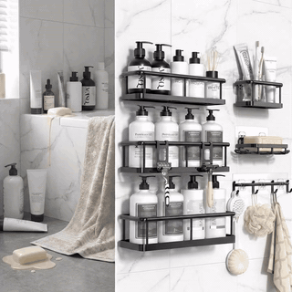 Raft de baie NextWave® la set, 6 piese cu 3 etajere mari, 1 raft compact, suport pentru sapun si sistem — problemă și soluție