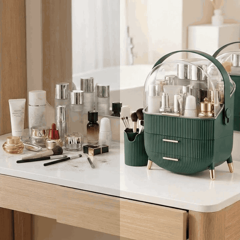 Organizator pentru cosmetice si bijuterii NextWave®, spatiu depozitare cu 2 sertare, vitrina, cutie pen — problemă și soluție