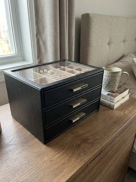 Cutie de bijuterii, organizator cu capac transparent, spatiu de depozitare 3 sertare pentru coliere, inele, c — testimonial 2