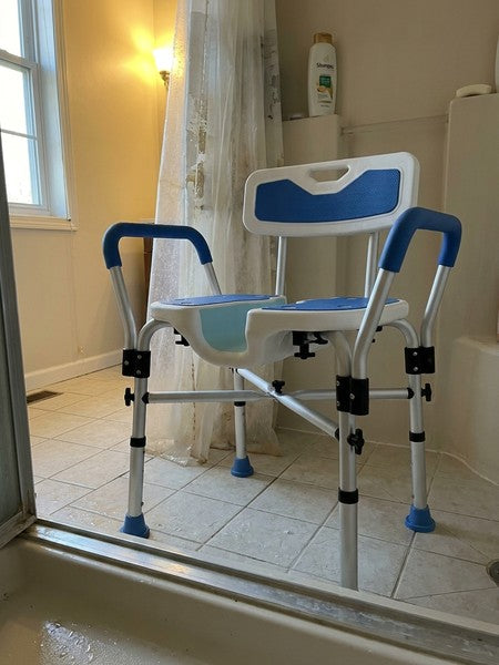 Scaun de dus NextWave®, reglabil pe inaltime, cu spatar, cotiere si sezut moale captusit cu EVA, scaun de bai — testimonial 2