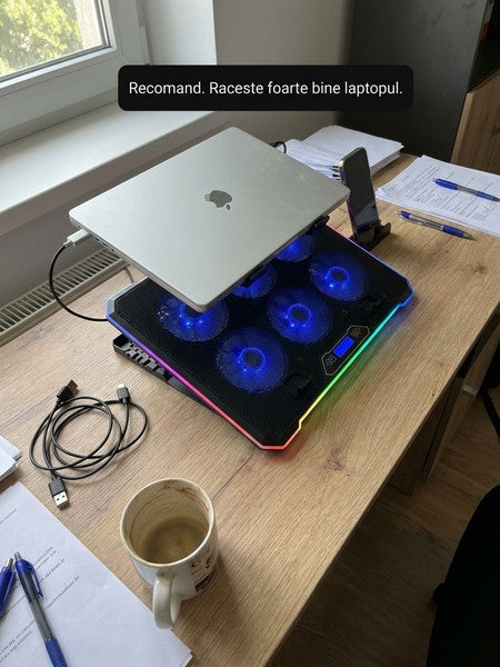Stand De Racire pentru Laptop BeGenius® cu Suport pentru Telefon, 6 Ventilatoare ultra Silentioase, Cooler La — testimonial 3