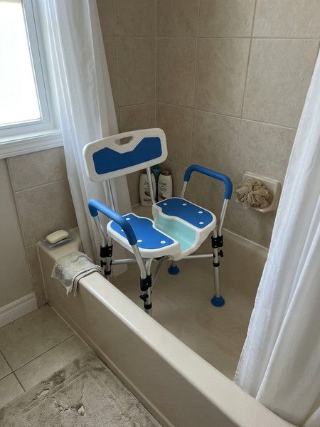 Scaun de dus NextWave®, reglabil pe inaltime, cu spatar, cotiere si sezut moale captusit cu EVA, scaun de bai — testimonial 3
