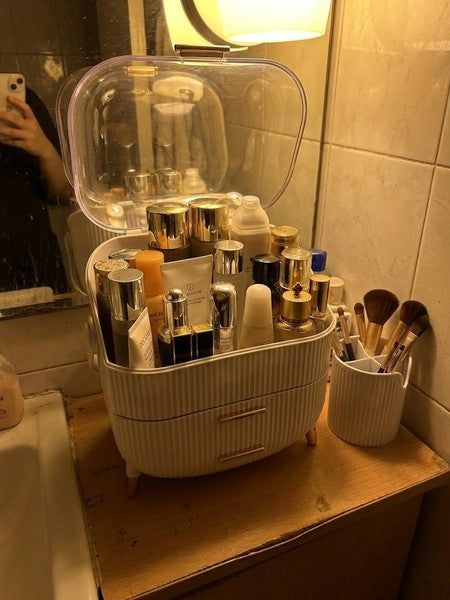 Organizator pentru cosmetice si bijuterii NextWave®, spatiu depozitare cu 2 sertare, vitrina si cutie pensule — testimonial 4